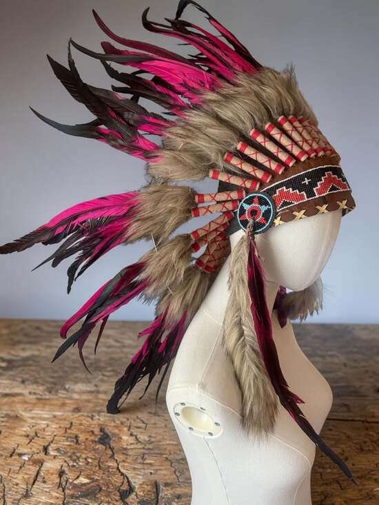 Feather Headdress Black and Pink Beaded  One Size